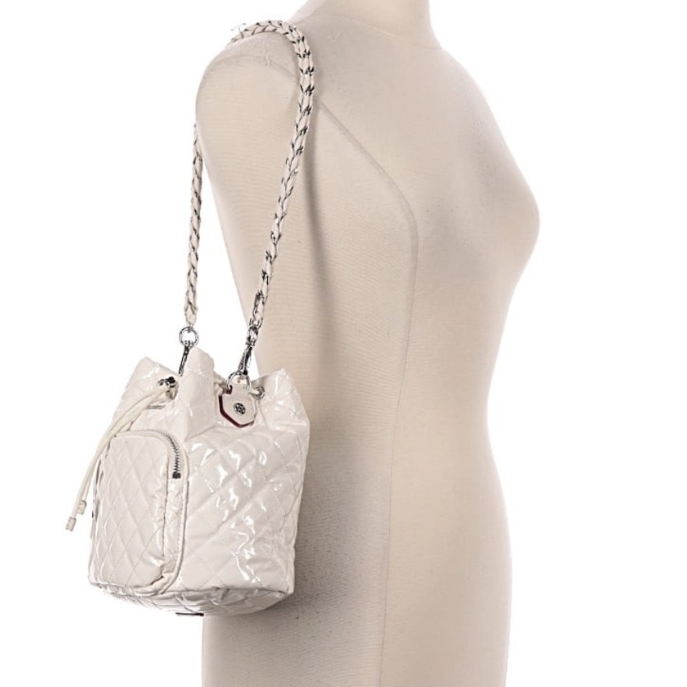 MZ Wallace Lacquer Crosby Bucket Bag Drawstring lacquer Pearl White Metallic - Picture 7 of 13